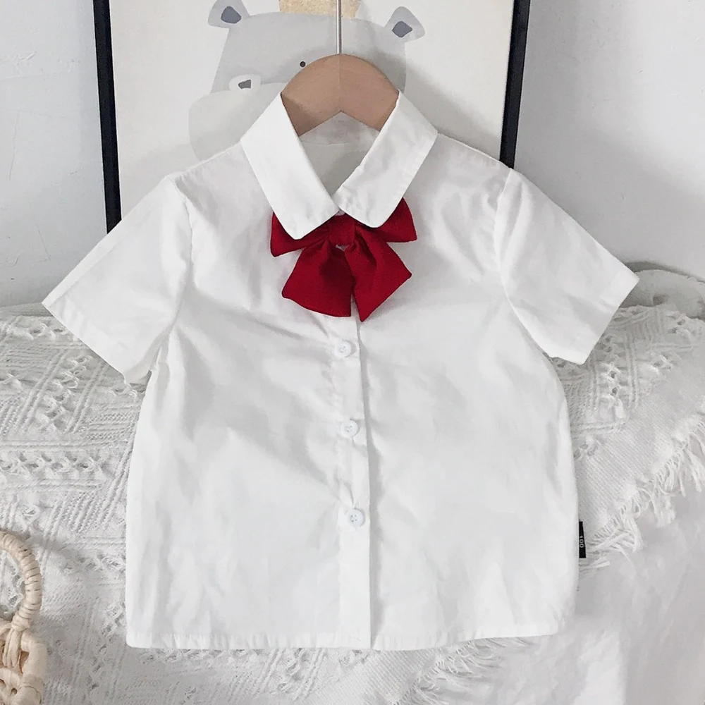 

VigoAnne, рубашка для девочек с отложным воротником и коротким рукавом, однобортный Топ 2022, детские летние топы, одежда в стиле колледжа