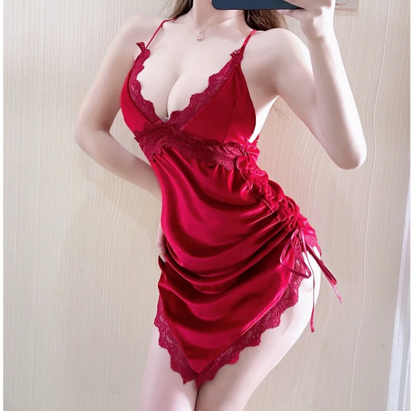 

WOMENGAGA Nightclub Sexy Low Chest V-neck Irregular Split Lace Velvet Tank Mini Dress Straps Mesh Drawstring Shirring Korean B0S