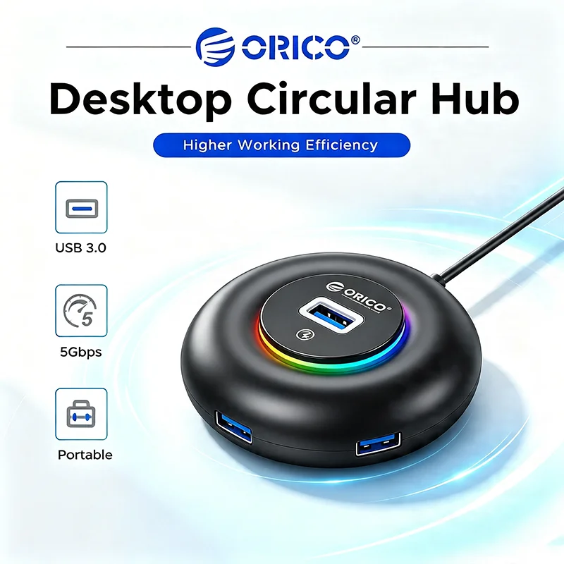 Фото Портативный круглый USB-хаб ORICO с RGB-подсветкой, USB 3.0, 5 Гбит/с, многопортовый адаптер с аудиоразъемом, SD/TF-ридером для ноутбуков №1