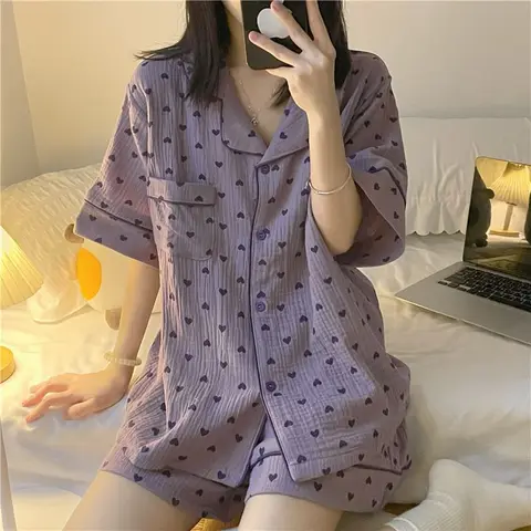 Пижама женская летняя из газовой ткани с коротким рукавом и шортами