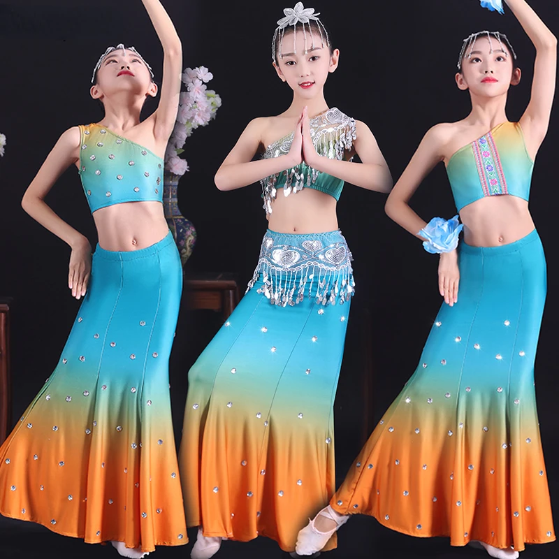 

Chinese Folk Dai Minority Dance Costumes Oriental Dance Outfit Peacock Dance Fishtail Wrap Hip Hmong Dance Festival Clothes