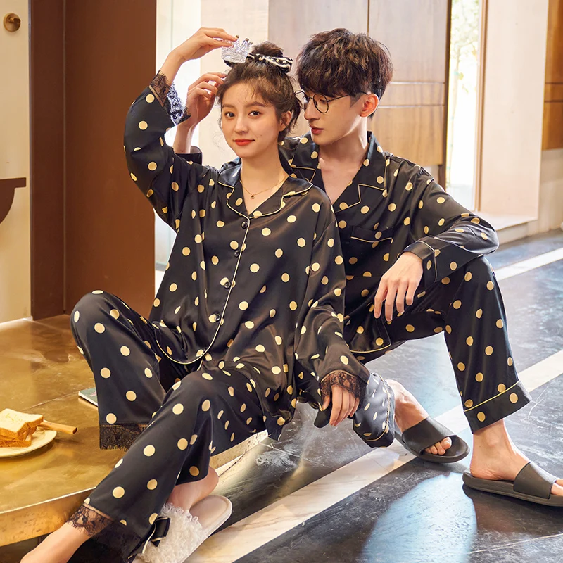 

Long Sleeve Pajamas Autumn Silk Pajamas Set Lover Dot Printing Fashion Pyjamas Set