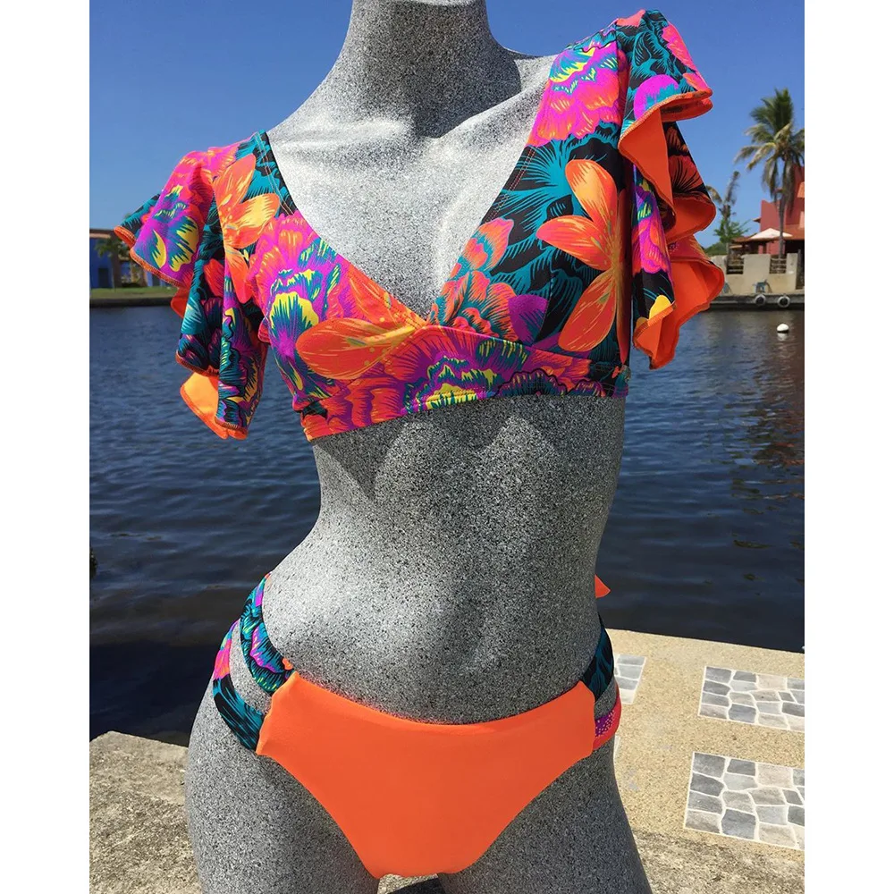 

Бикини WANXIN с глубоким V-образным вырезом и оборками, бразильские трусики, новинка 2022, купальник бикини с разрезом, международная торговля