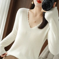 four seasons moze 22 spring and autumn new ladies v neck sweater fashion knitted long sleeved pullover solid color bottoming top