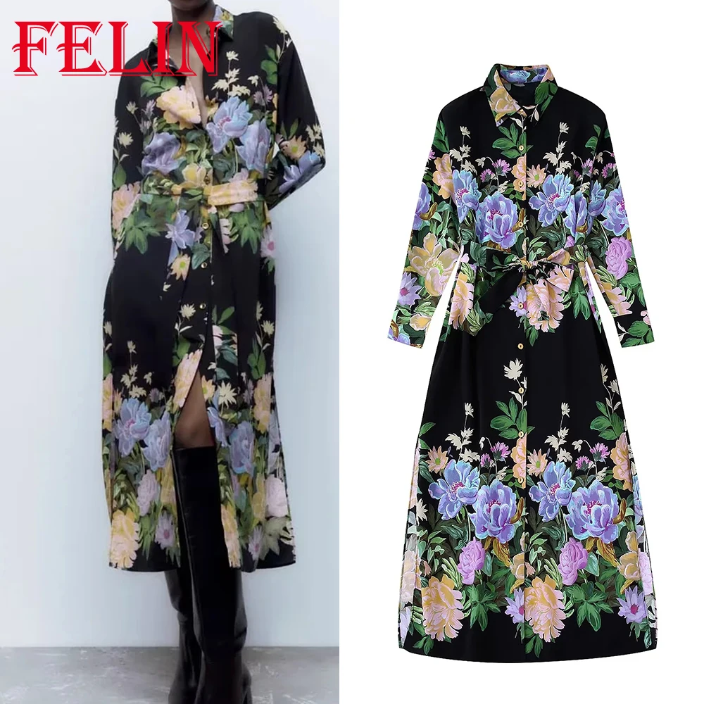

TRAF Vintage Print Flower Long Sleeve Casual Button Dress Fashion 2022 Chic Loose Belt Autumn Dress Long Holiday Style Vestidos