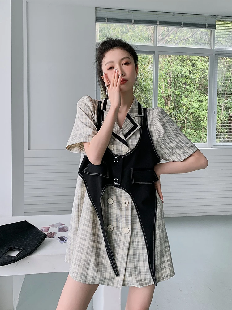 

ZCSMLL летнее клетчатое платье-блейзер для женщин 2022 двубортное корейское модное мини-платье с пышными рукавами Дизайнерская одежда