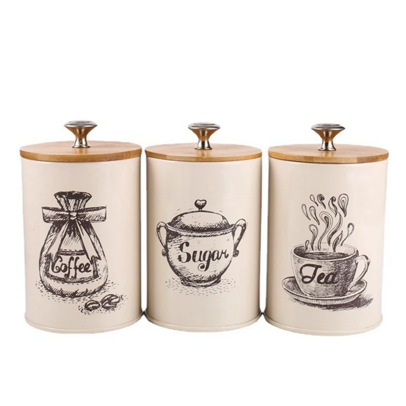 

3Pcs Retro Kitchen Storage Jars Tea Coffee Sugar Canister Tins With Lid Metal Home Organizer Candy Sealed Jar Box