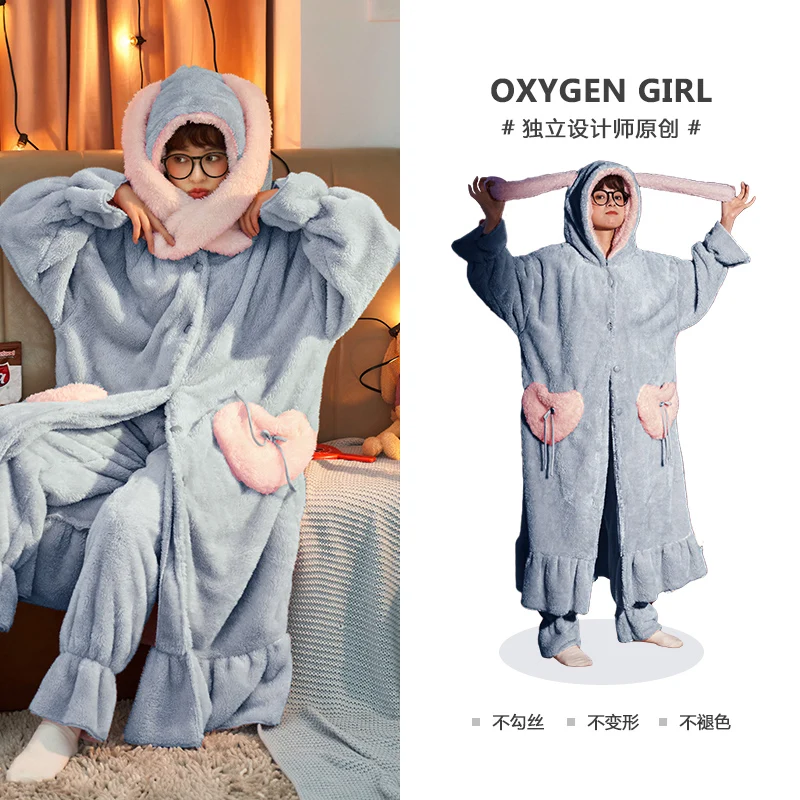 Intensification Winter Pajamas Loose Version Hooded Coral Fleece Pyjamas Women Sleepwear Medium Style Plus Size Flannel Nighty
