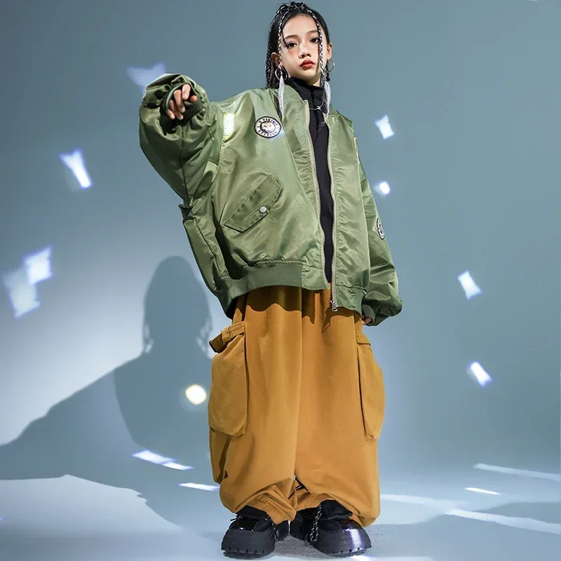 

Girls Oversize Hip Hop Clothing Green Jacket Street Dance Outfits Teen Sweatshirt Joggers Outfits Clothes Set Kids Jazz Costumes