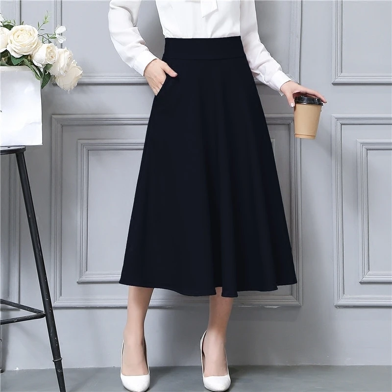 

Office Ladies Elegant Vintage A-Line High Waist Skirts Women 2022 Spring Autumn Fashion Slim Casual Female Midi Skirts A36