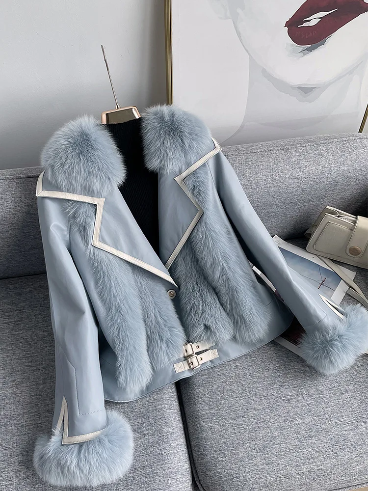 Whole Leather Fox Fur Fur Coat Women's Short Haining New Motorcycle Sheepskin down Jacket Coat