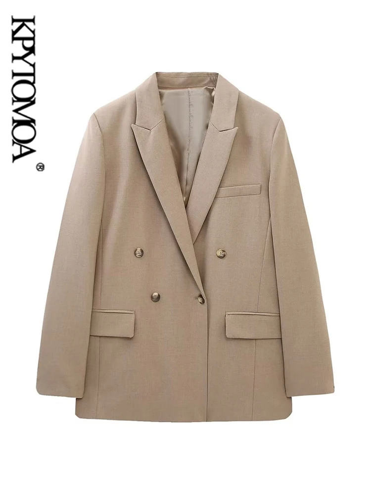 

KPYTOMOA Women Fashion Double Breasted Blazer Coat Vintage Long Sleeve Flap Pockets Female Outerwear Chic Vestes Femmes