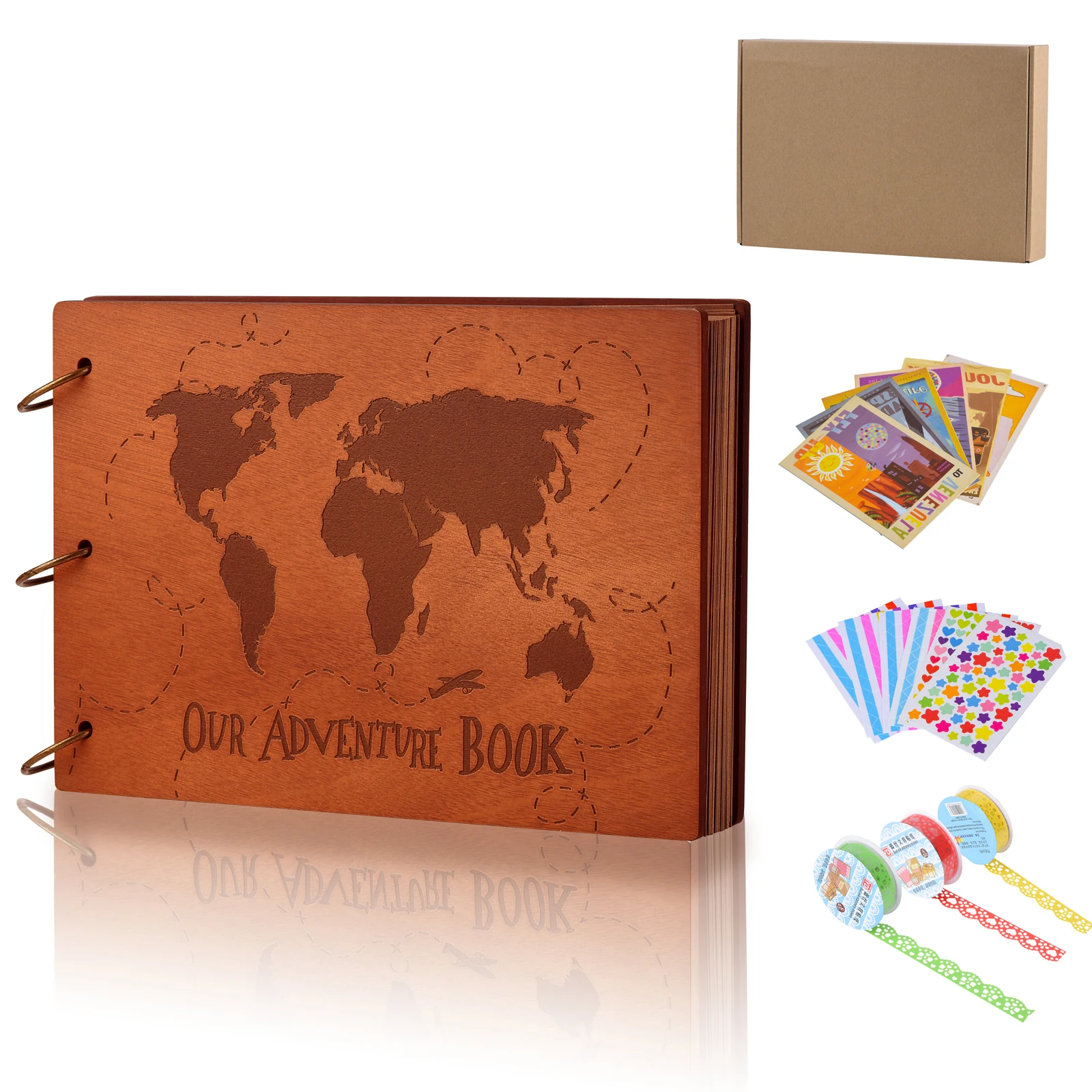 

60 Pages Retro Photo Album 3D Wooden Cover Kraft DIY Scrapbook Adventure Album Commemorative Anniversary Wedding Gift Memory