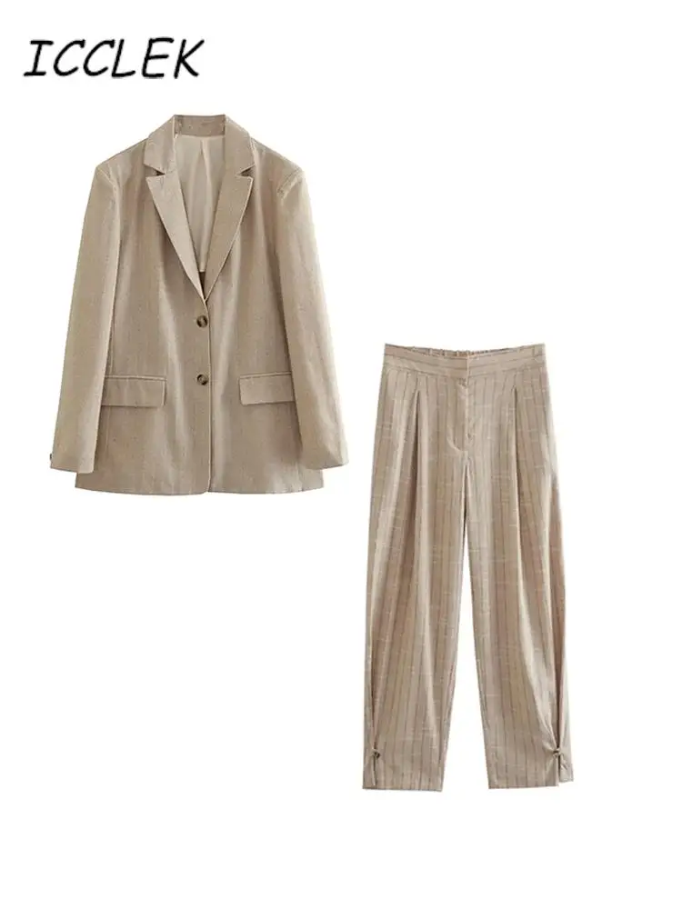 

Icclek Pants Sets For Women Spring Summer Set Woman 2 Pieces Striped Blazer Pant Suits OL Elegant Women's Sets Female Workwears