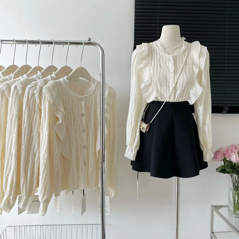 

Stand Collar Hollow Out Loose Sweaters Autumn Fashion Ruffle Knitted Sweater Women Cardigan Long Sleeve Lace Elegant Tops 24151