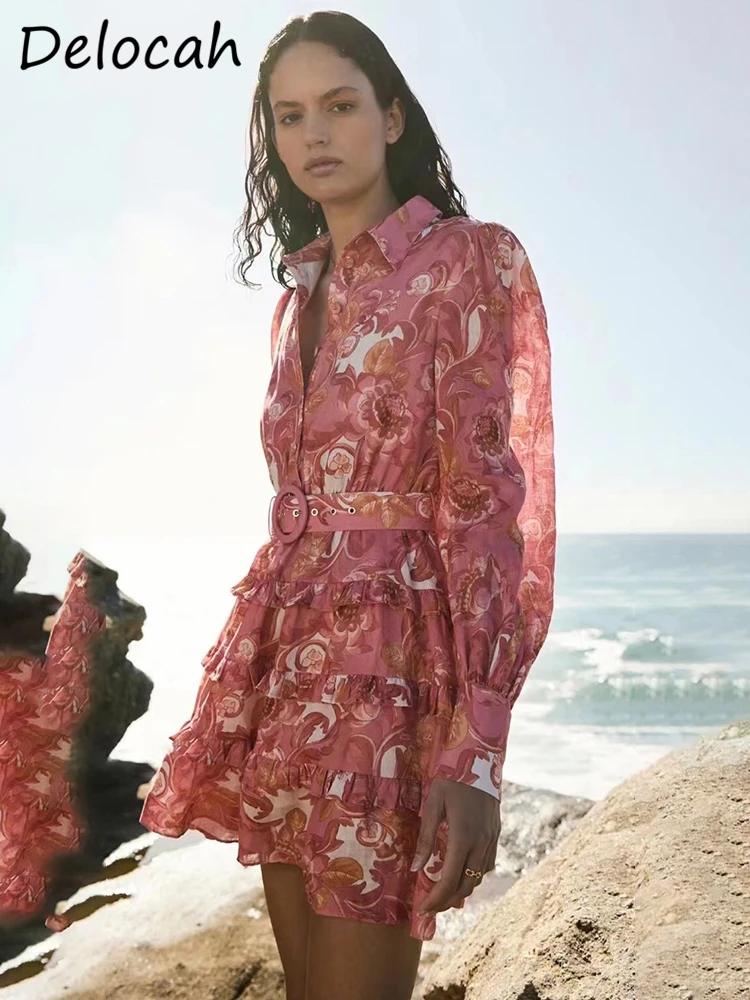 

Delocah High Quality Summer Women Fashion Designer Mini Dress Long Lantern Sleeve Belt Printed Elegant Ladies Big Swing Dresses