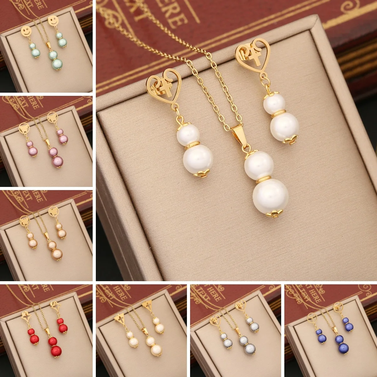 

New Fashion Multicolor Pearl Gourd Pendant Necklace Earring Set For Women 2023 Fashion Stainless Steel Jewelry Party Gift