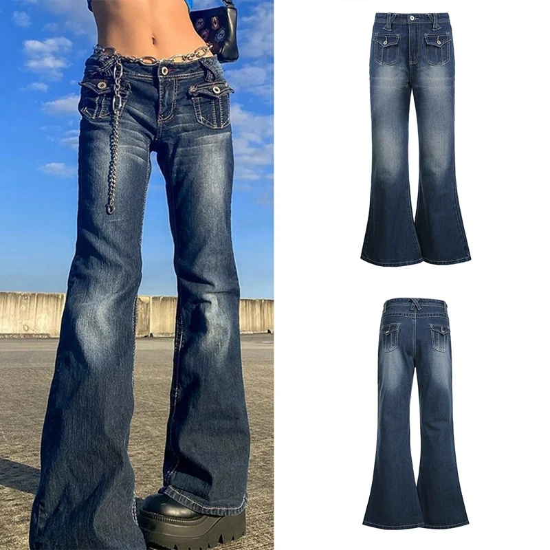 

Джинсы Y2K с карманами и низкой талией, винтажные расклешенные брюки, уличная одежда, женские брюки, брюки с широкими штанинами, зимние модные...