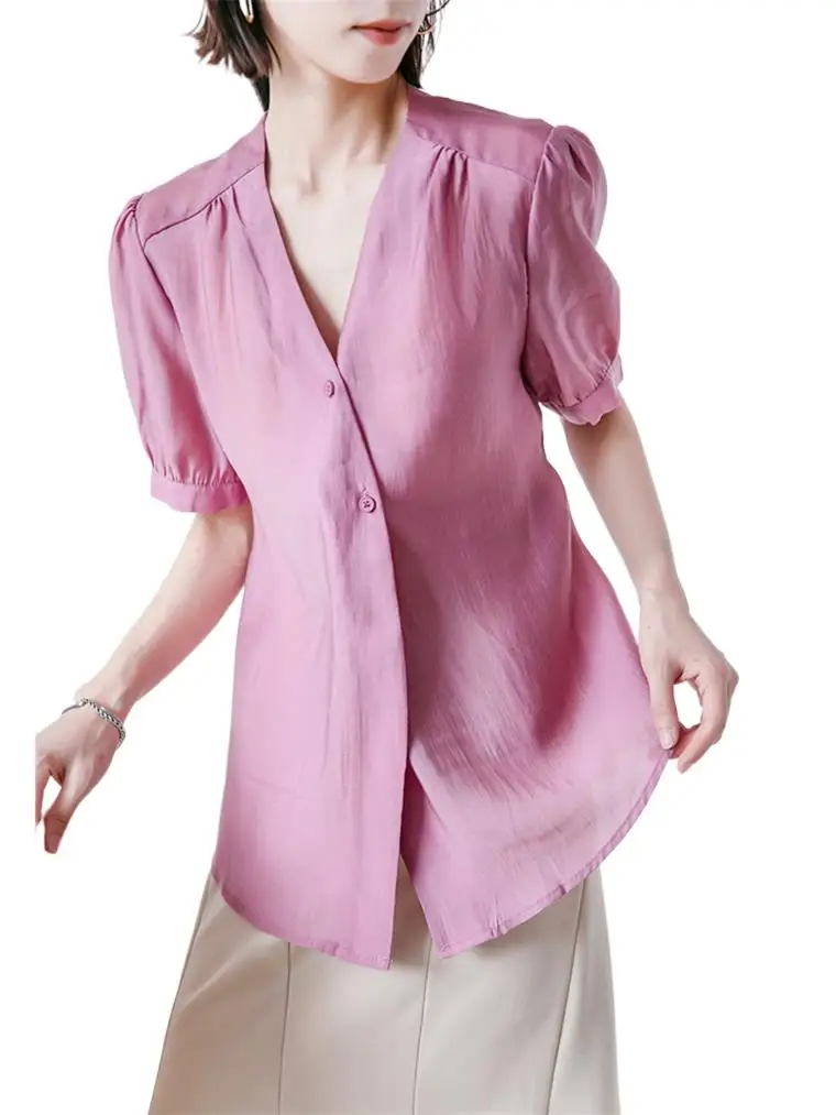 

Summer Elegant and Youth Woman Blouses Solid Office Ladies Shirts Short Sleeve V-neck Lace-up Blouse Fashion Chic Female Tops