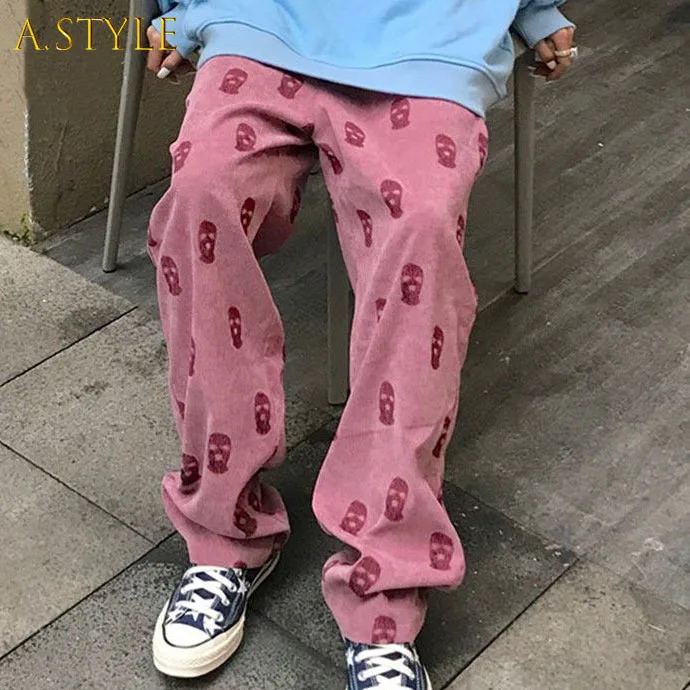 

A GIRLS Pants Women Summer Ladies Full Length Trousers Loose High Waist Casual Skulls Drawstring Fashion Popular Preppy Style