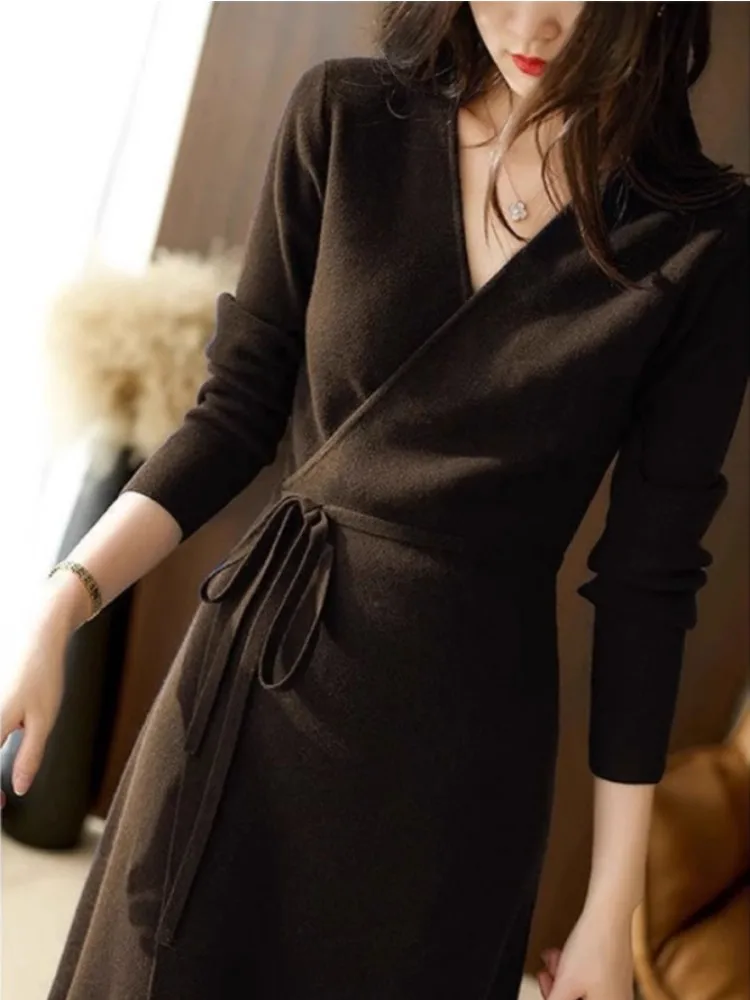 Вязаное платье в стиле ретро с v-образным вырезом для женщин осень/зима