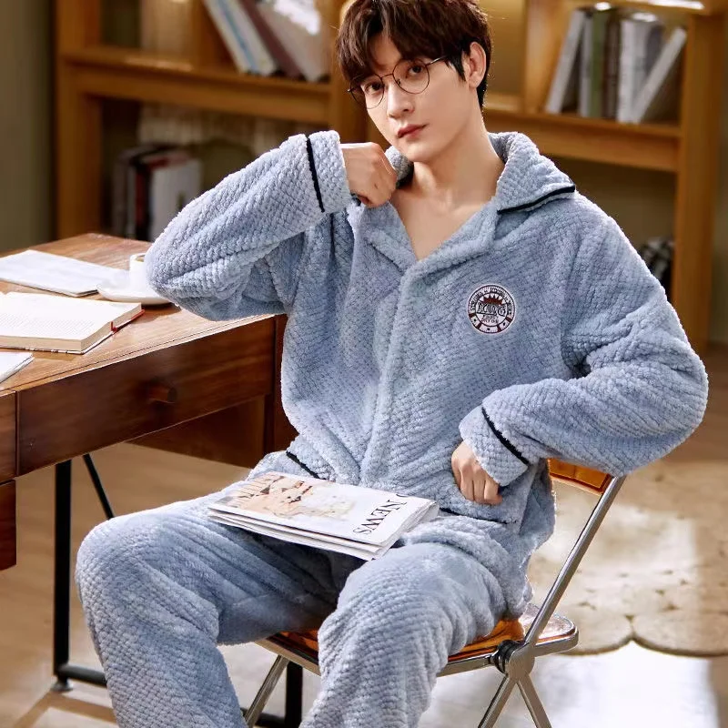 Flannel Pajama Sets For Men Turn-Down Collar Homewear Pyjamas Thicken Warm Coral Fleece 2Pcs/Set Tops + Pants Lounge Sleepwear