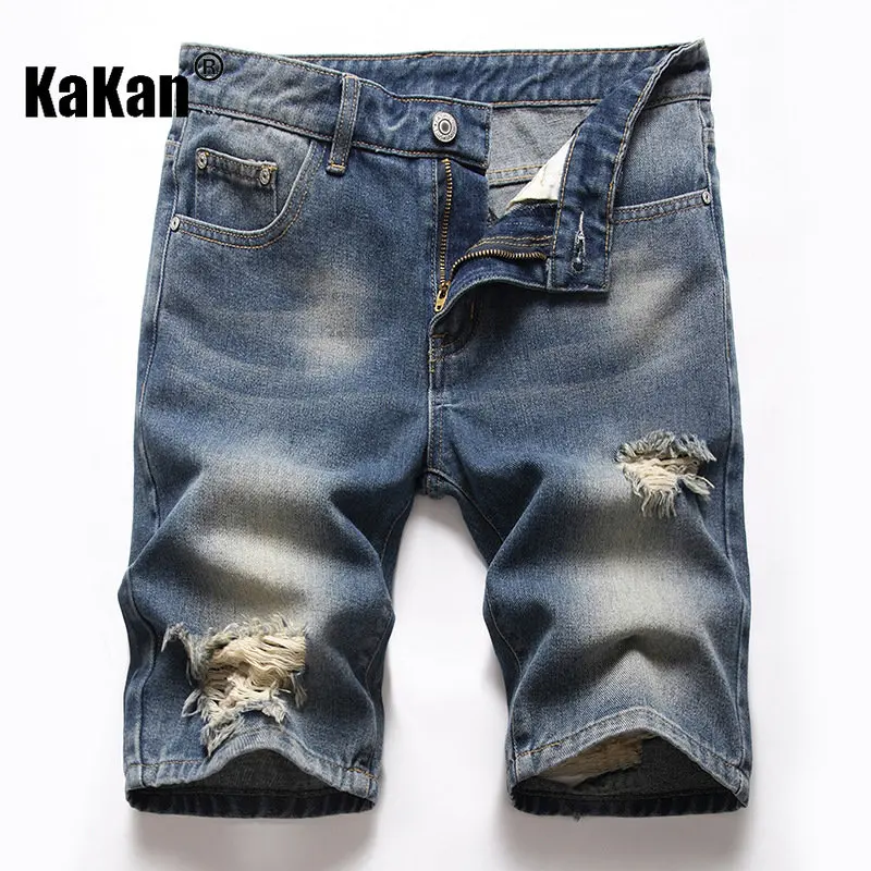 Kakan - European and American Summer New Retro Distressed Denim Shorts for Men, Made of Old Washed Casual Jeans K36-793