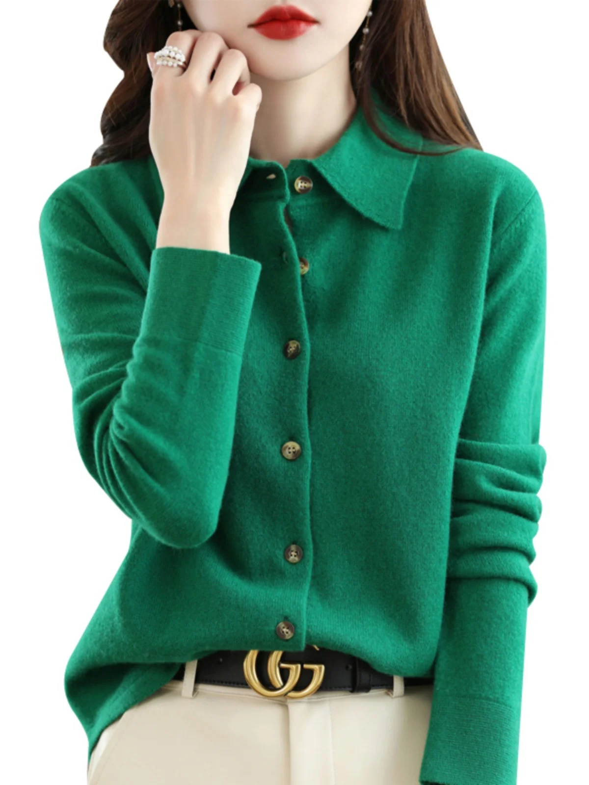 Spring Type 00 Cashmere Sweater Women Cardigan Blouse Collar Exquisite Polo Long sleeve Fleece Base Knit