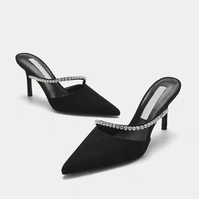 

LMCAVASUN Black high-heeled shoes spring new women's shoes stiletto pointed toe pumps satin rhinestone glitter mules pumps