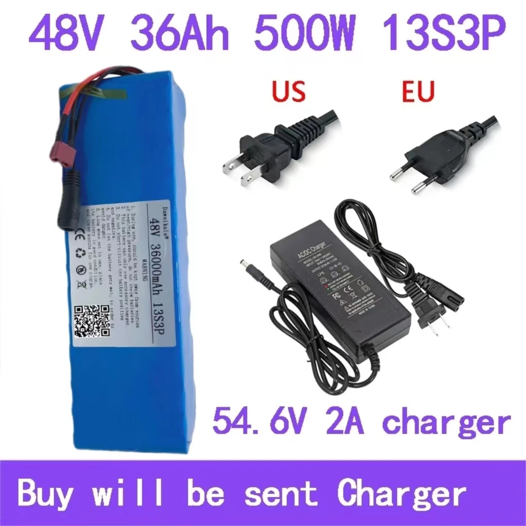 

48V 36000mAh 500w 13S3P T plug 18650 Lithium ion Battery Pack 36Ah For 54.6v E-bike Electric bicycle Scooter with BMS+2A Charger