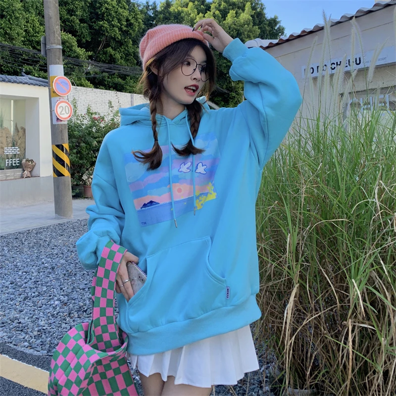 

6082 Ghost horse girl new Korean color printing hooded plus velvet padded Sweatshirts women