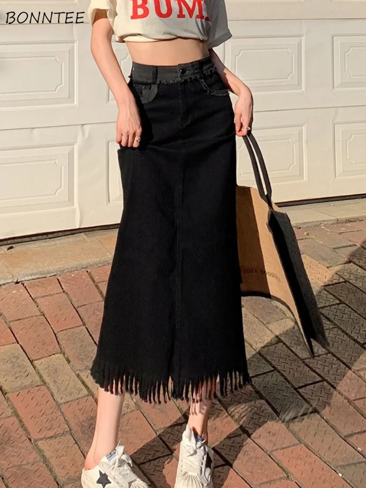 

Женская джинсовая юбка с бахромой, однотонная универсальная элегантная винтажная базовая одежда в Корейском стиле для досуга, крутая Очаровательная Женская юбка на весну