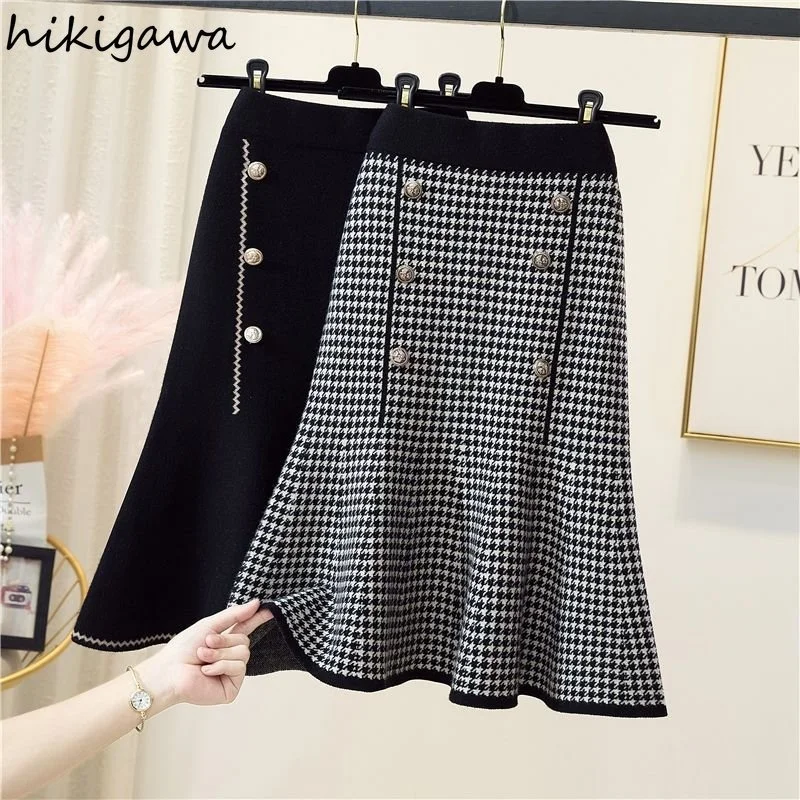 

2023 Faldas Mujer De Moda Knitted Skirts for Women High Waist Slim Temperament Jupe Fashion Plaid Korean Ruffles Fishtail Skirt