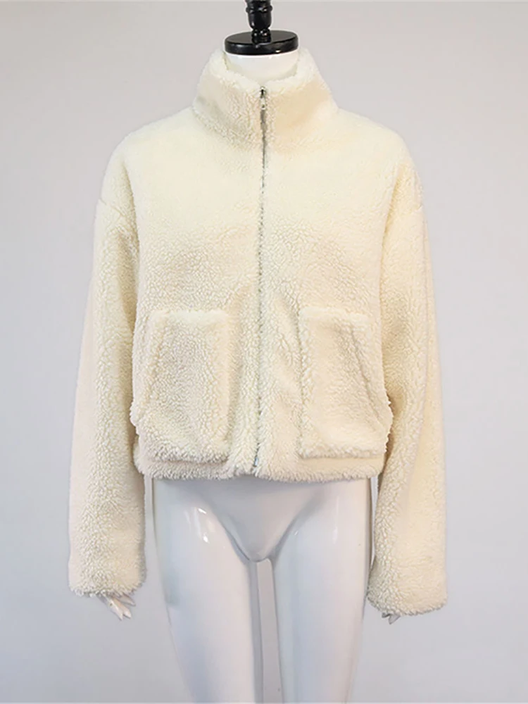 Women Winter Thicken Warm Teddy Fur Jacket Coat Casual Fashion Zipper Pocket Long Sleeve Loose Outerwear Female Ins Hot Sale Top