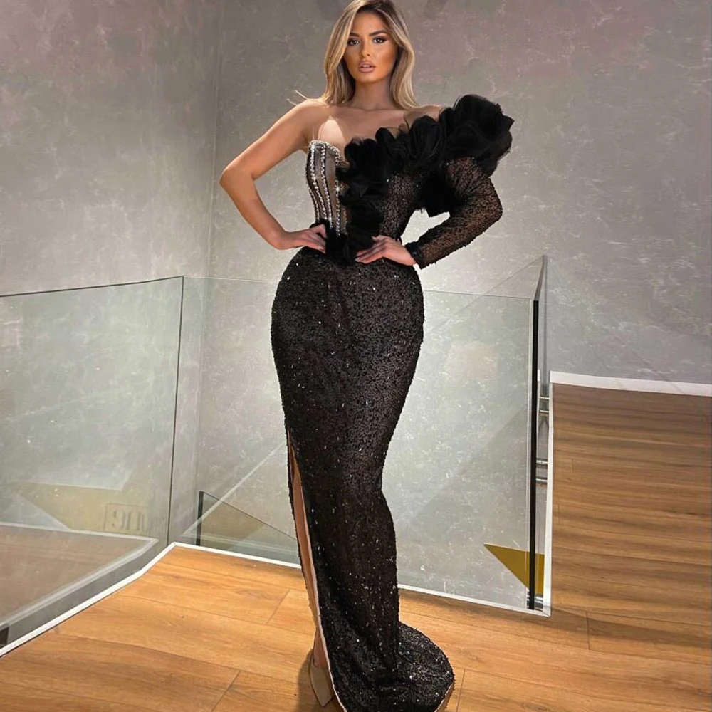 

Exquisite Evening Dresses For Women Full Sleeves One Shoulder Side Split Prom Dress Sequined Sweep Train Trumpet Robes De Soirée