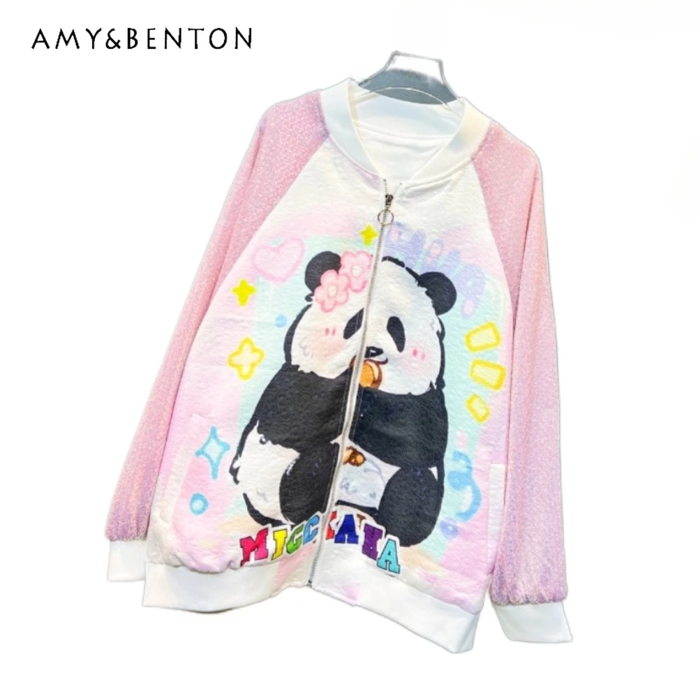 

European Station Autumn 2023 New Western Style Sweet Printed Sequined Baseball Uniform Loose Mid-Length Chic Zipper Jacket Coats