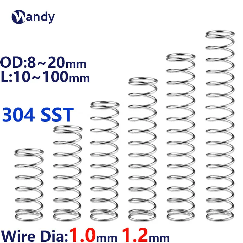 

10Pcs 304 Stainless Steel Micro Small Compression Spring Wire Dia 1mm 1.2mm Outer Diameter 8mm-20mm Length 10mm~100mm