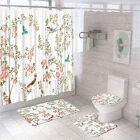 pink flowers bird shower curtain chinese style spring floral crane bathroom curtains anti slip bath mat sets toilet rugs carpet