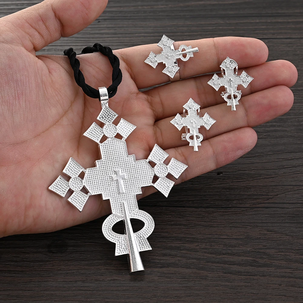 

African Silver Color Cross Jewelry Sets Ethiopian Eritrea Pendant Earrings Rings for Women Girls Engagement Things