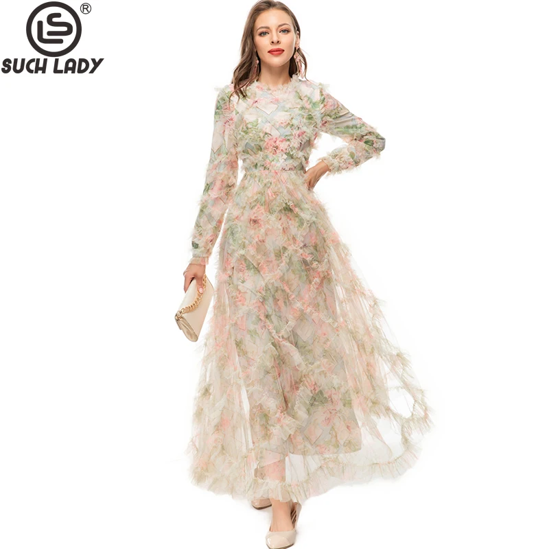 Women's Runway Dresses O Neck Long Sleeves Appliques Ruffles Floral Printed Fashion Designer Maxi Party Prom Gown