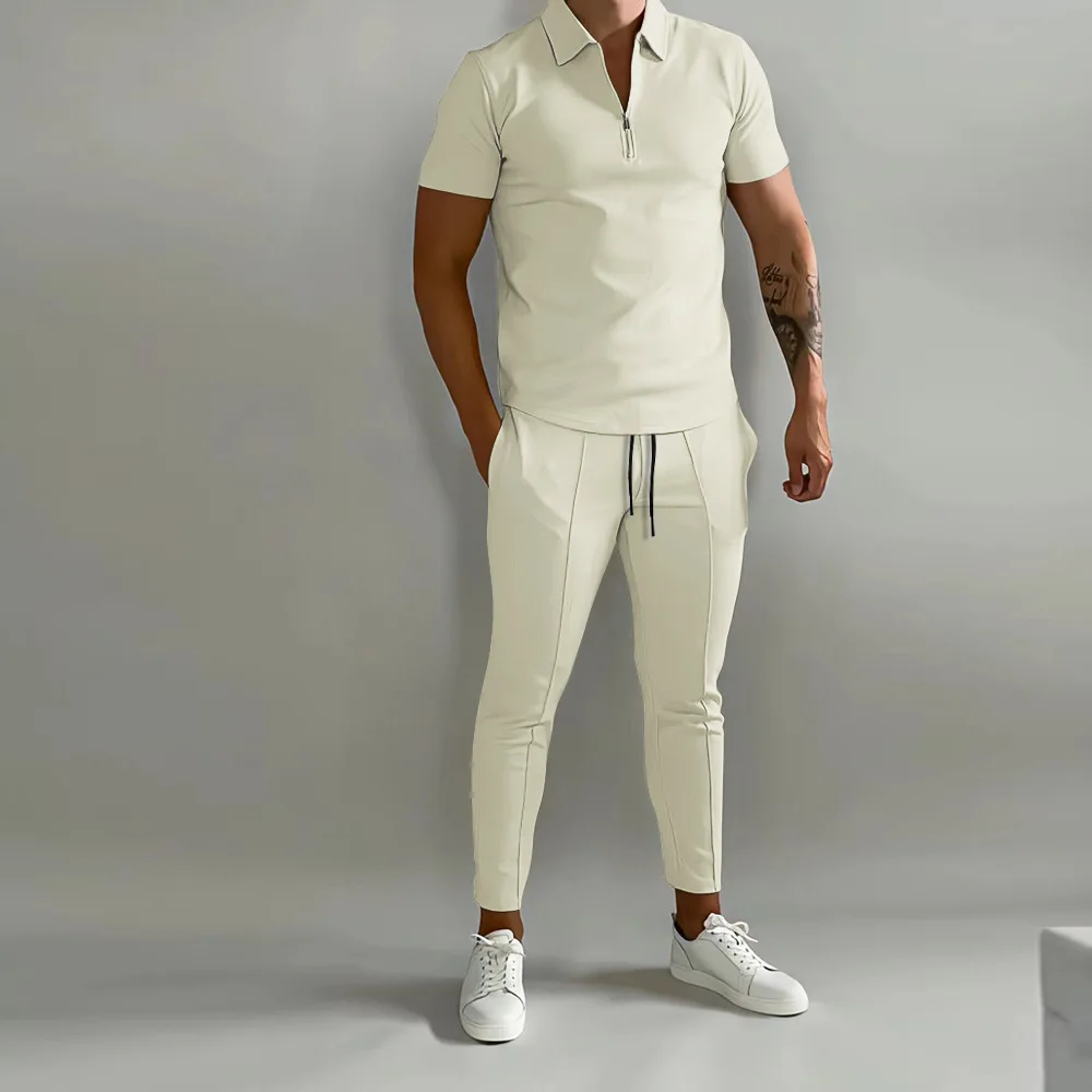 Men's Tracksuit Spring Turn Down Solid Polo Shirts and Sweatpants Short Sleeve 2 Piece Set Male Summer Regular Fit