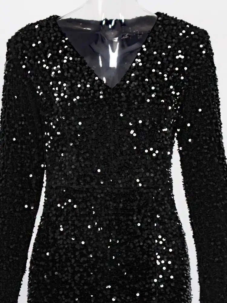 Платье с длинным рукавом V-образным вырезом и блестками | Женская одежда