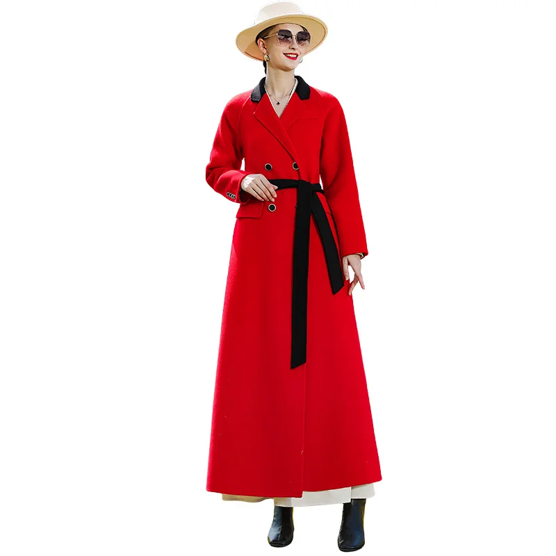 

Роскошный женский зимний Тренч, Кашемировое шерстяное красное длинное пальто, двубортный отложной воротник, верхняя одежда с карманами и р...