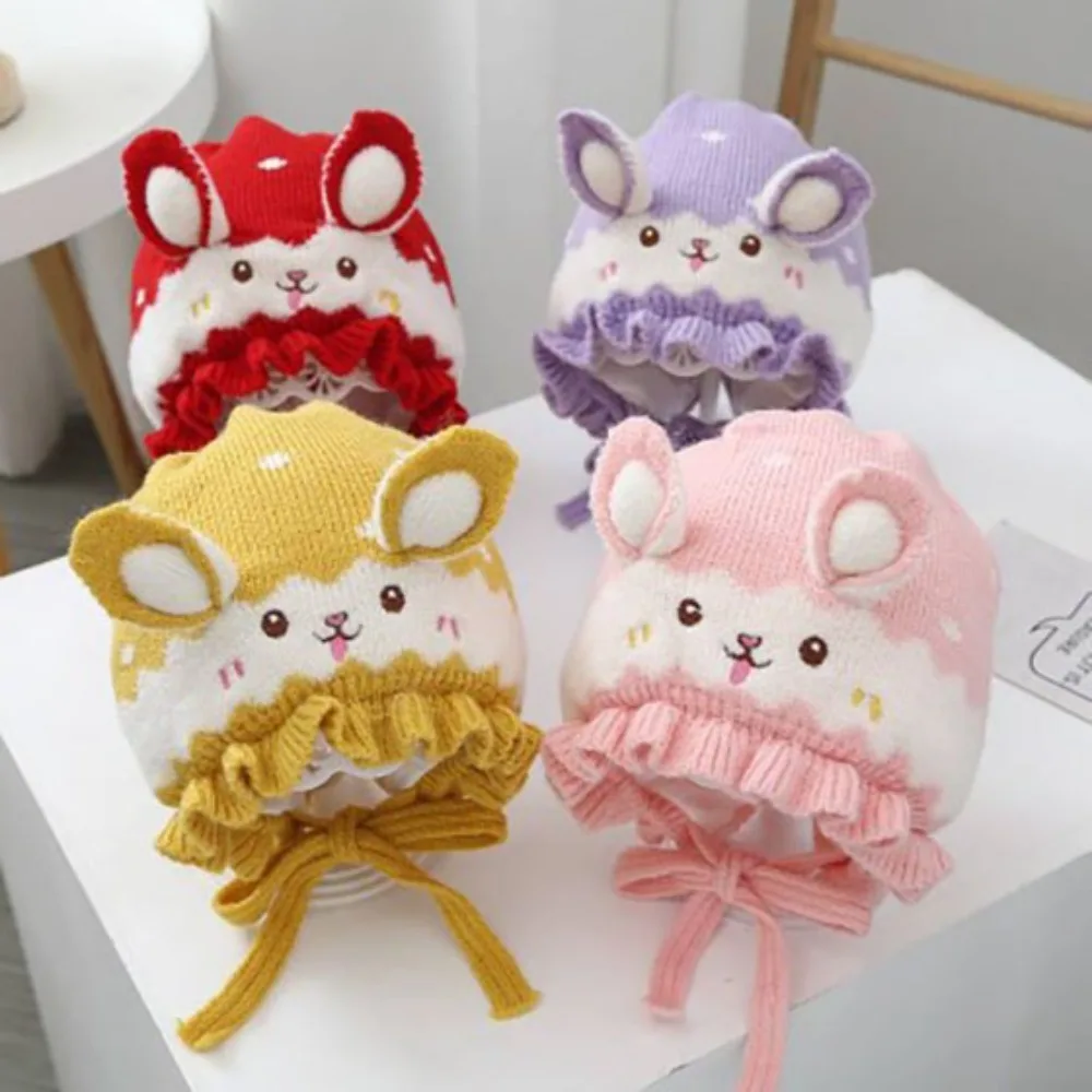 Милая детская шапка с кроличьими ушками осенне-зимняя вязаная шерстяная