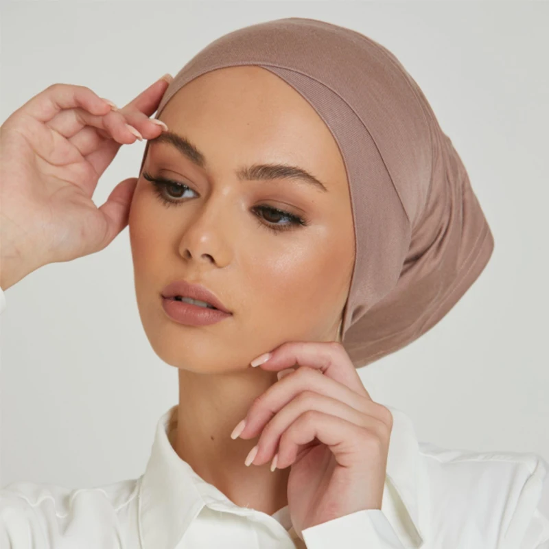 

2022 Women Solid color Under Scarf Cap Turban Musulman Ready to Wear Inner Hijab Headscarf bonnet Muslim Hijabs