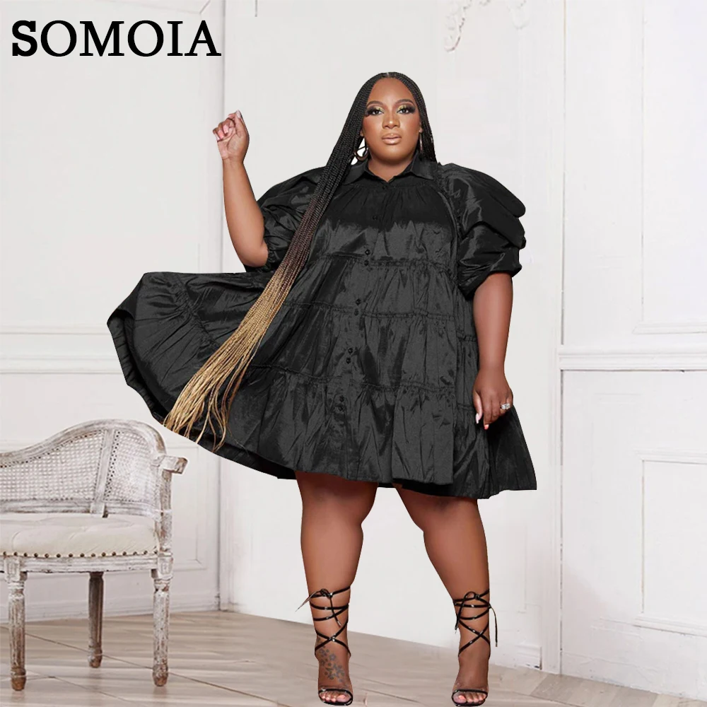 

SOMOIA L-4XL Plus Size Women Clotting Oversize Dresses Solid Color V-Neck Loose Mid-Length Cardigan Dress Wholesale Dropshipping