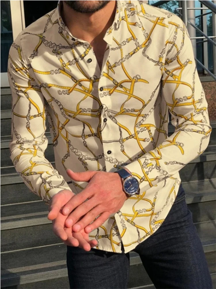 

Fashion Pattern Print Shirts Men's Spring Casual Long Sleeve Button Single Breasted Cardigan Tops Men's Autumn Lapel Slim Shirts