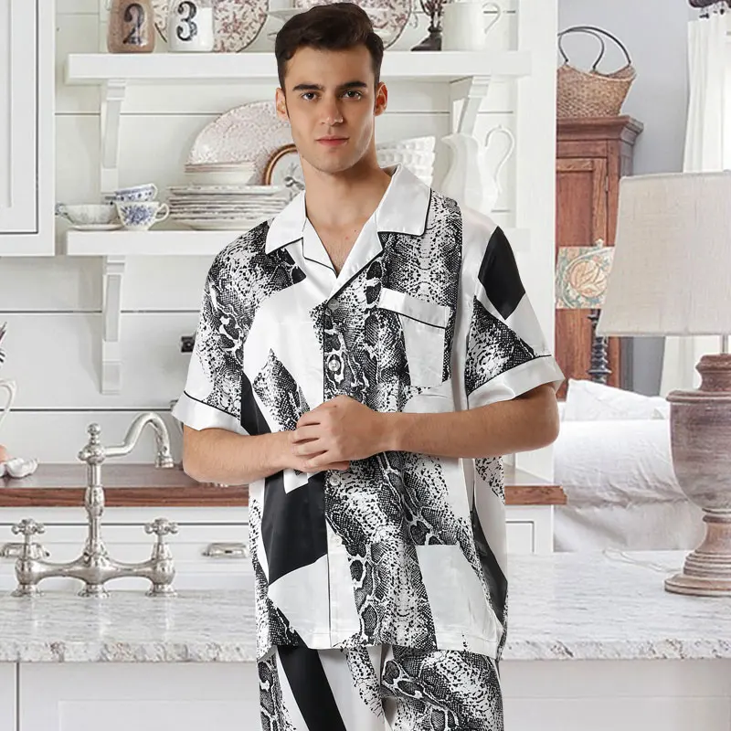 Men's Satin Pajamas Set Short Sleeve Snakeskin Print Satin Shirt and Long Pants Pajama Set Satin Pyjamas Men's Sleepwear