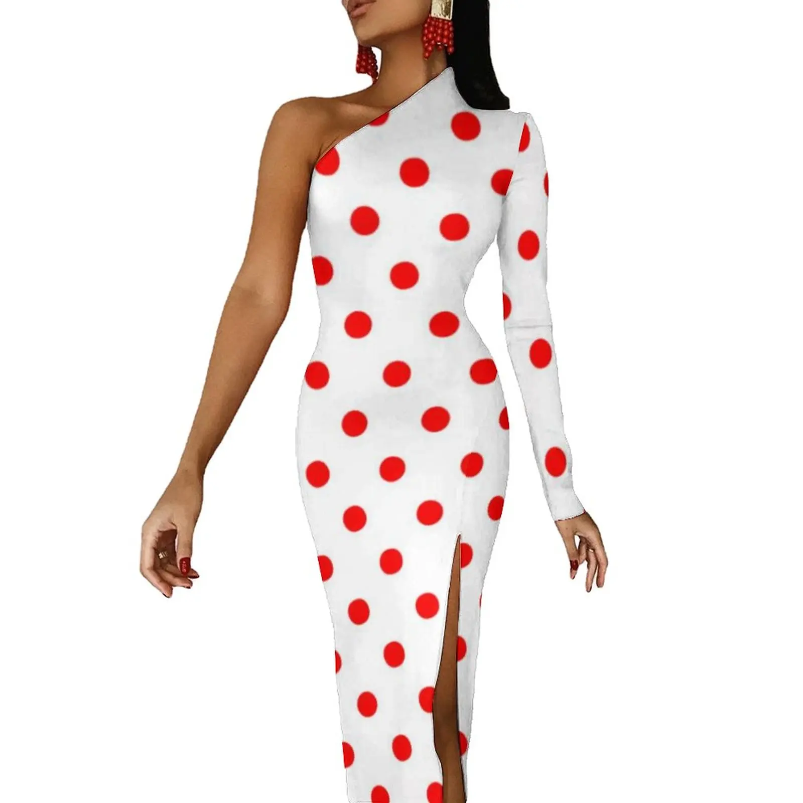 

Red Polka Dot Long Dress Ladies Geometric Dots Vintage Print Party Maxi Dress Trendy Bodycon Dresses High Slit Custom Vestidos