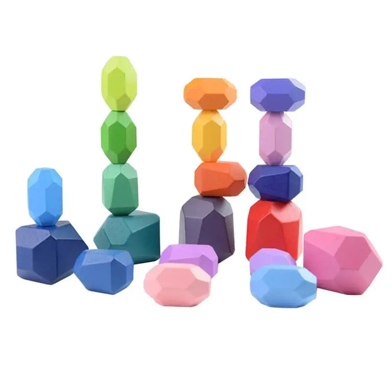 

Wooden Stacking Rocks Building Blocks 20Pcs Colored Solid Wood Stones Pre-School Educational Games Toys For Kids Toddlers